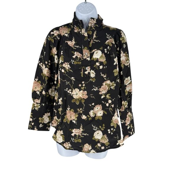 Tuckernuck NEW Midnight Garden Black Floral Collared Corrigan Blouse Top Size M - Picture 2 of 9